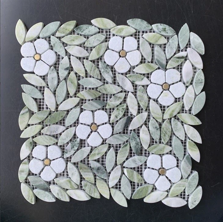 Green Hexagon Flowers Style Marble Mosaic Tiles